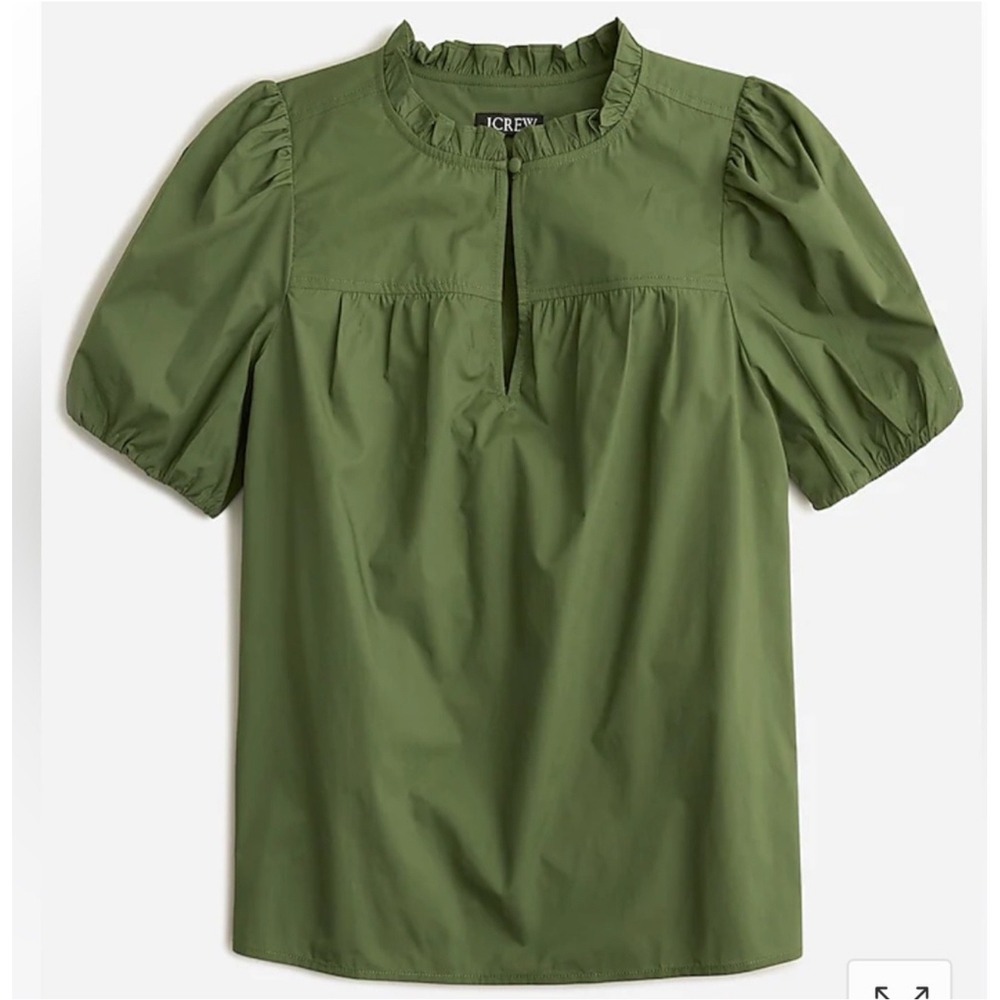 J.Crew Olive Green Ruffle Neck Puff Sleeve Keyhole‎ Cotton Blouse XL